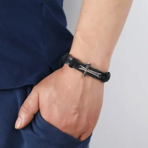 Pulseras Ajustables de Cuero Trenzado Estilo Punk Vintage con Cruz de Jesús